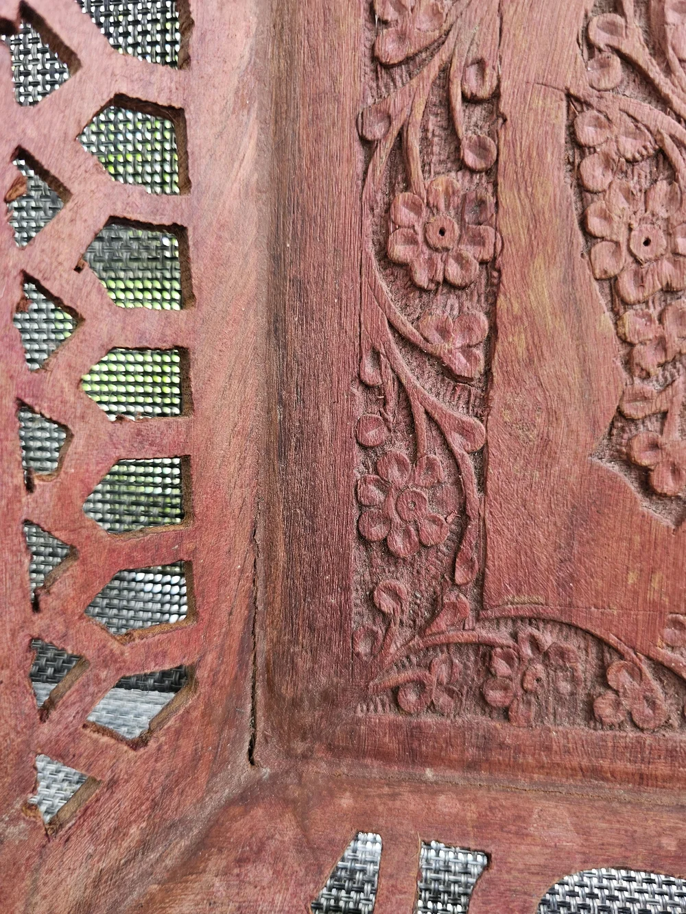 Vintage Hand Carved Wood Serving Tray India Boho Lattice Cutout Floral
